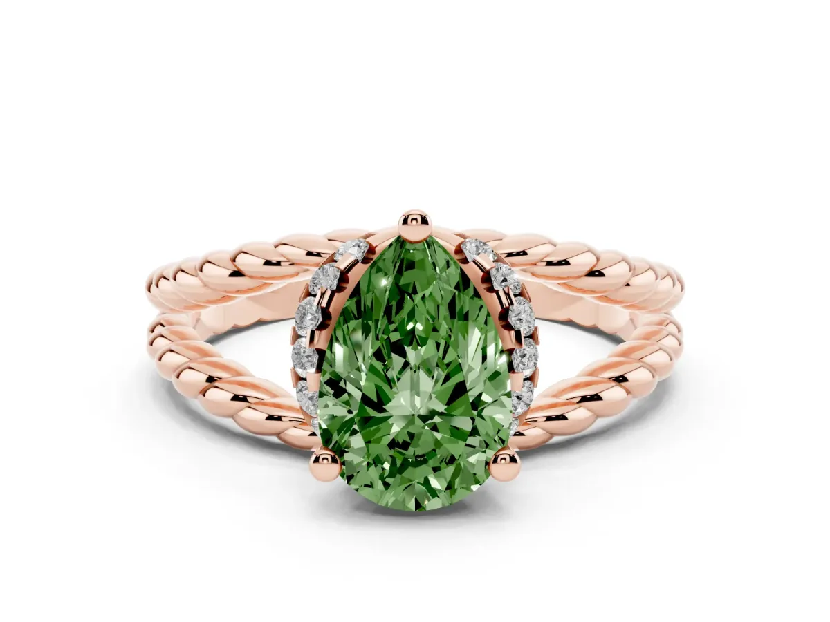 Fancy Green Pear Cut Halo Twisted Band Four-Prong Ring Rose gold
