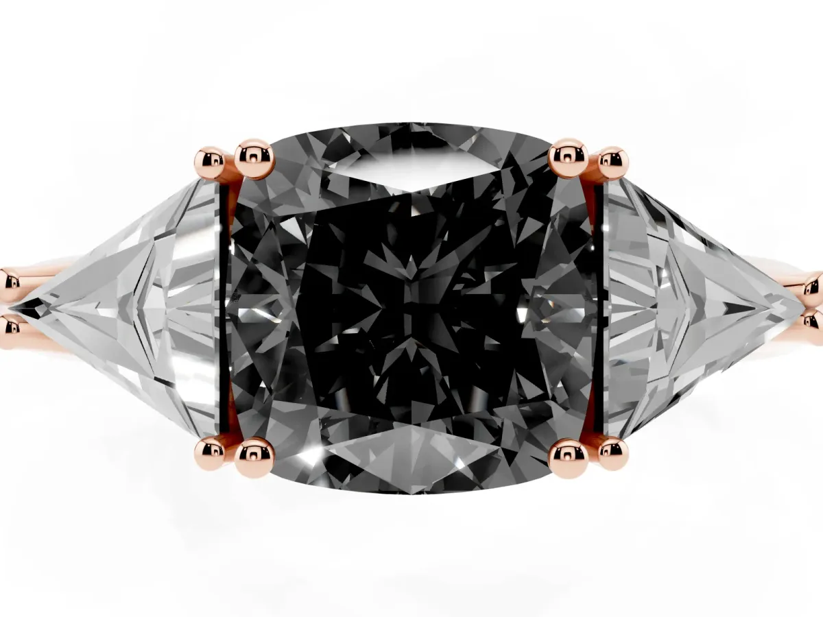 Fancy Black Three-Stone Cushion Cut Diamond Engagement Ring with Trillion Side Stones and Prong Setting Rose gold