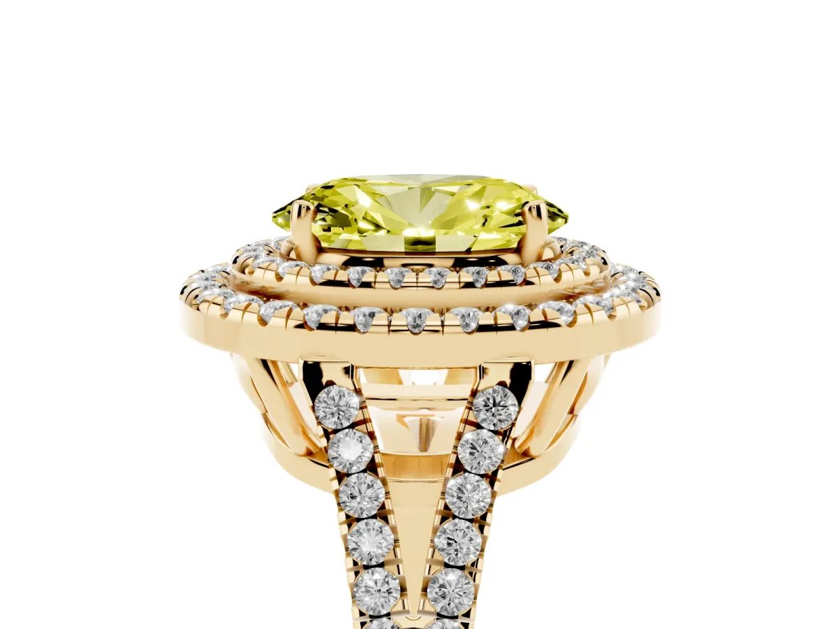 Fancy Yellow Oval Cut Diamond Double Halo Ring with Pavé Band and Prong Setting Yellow gold