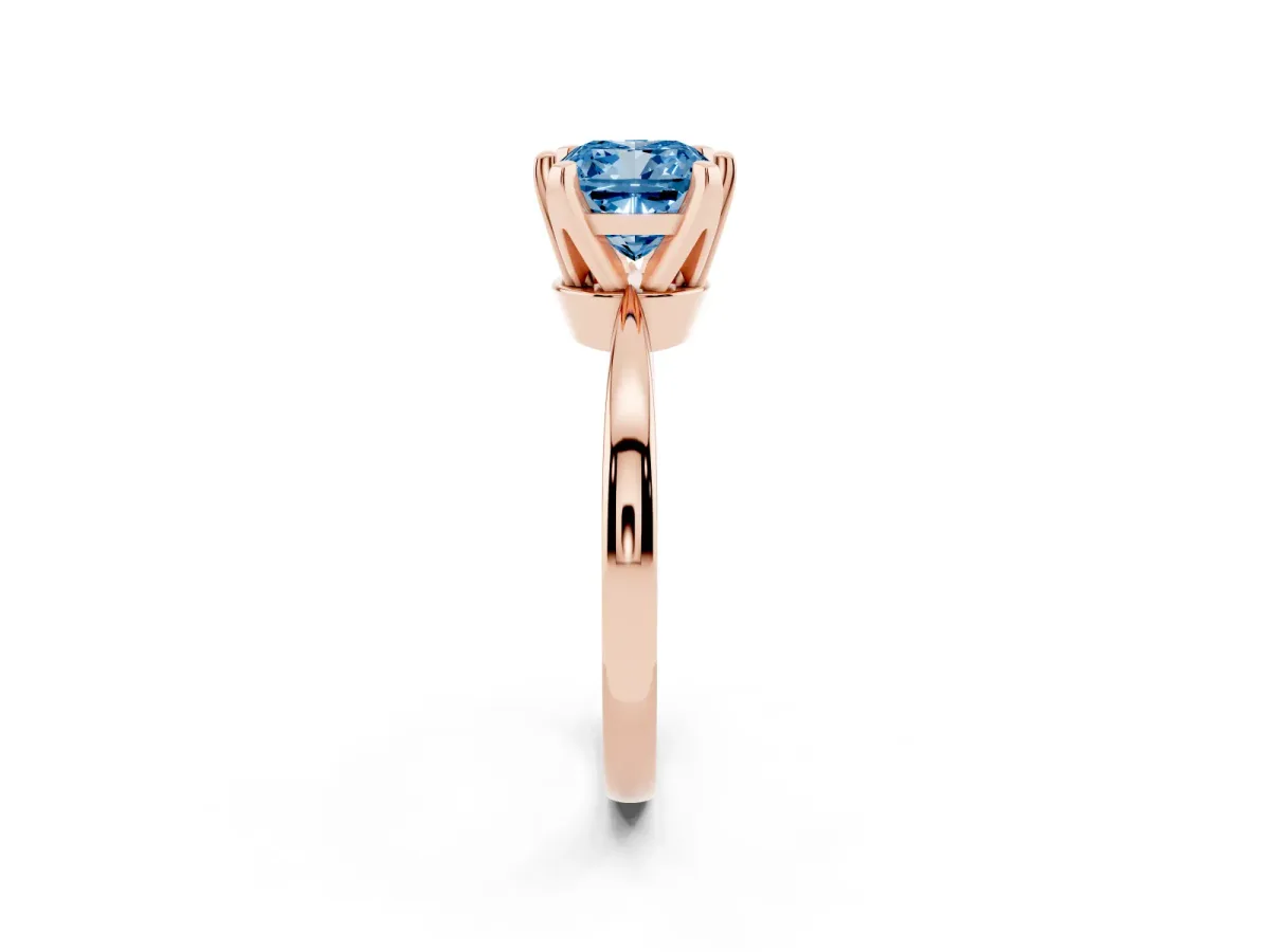 Fancy Blue Cushion Cut Solitaire Engagement Ring with Six-Prong Setting and Tapered Band Rose gold