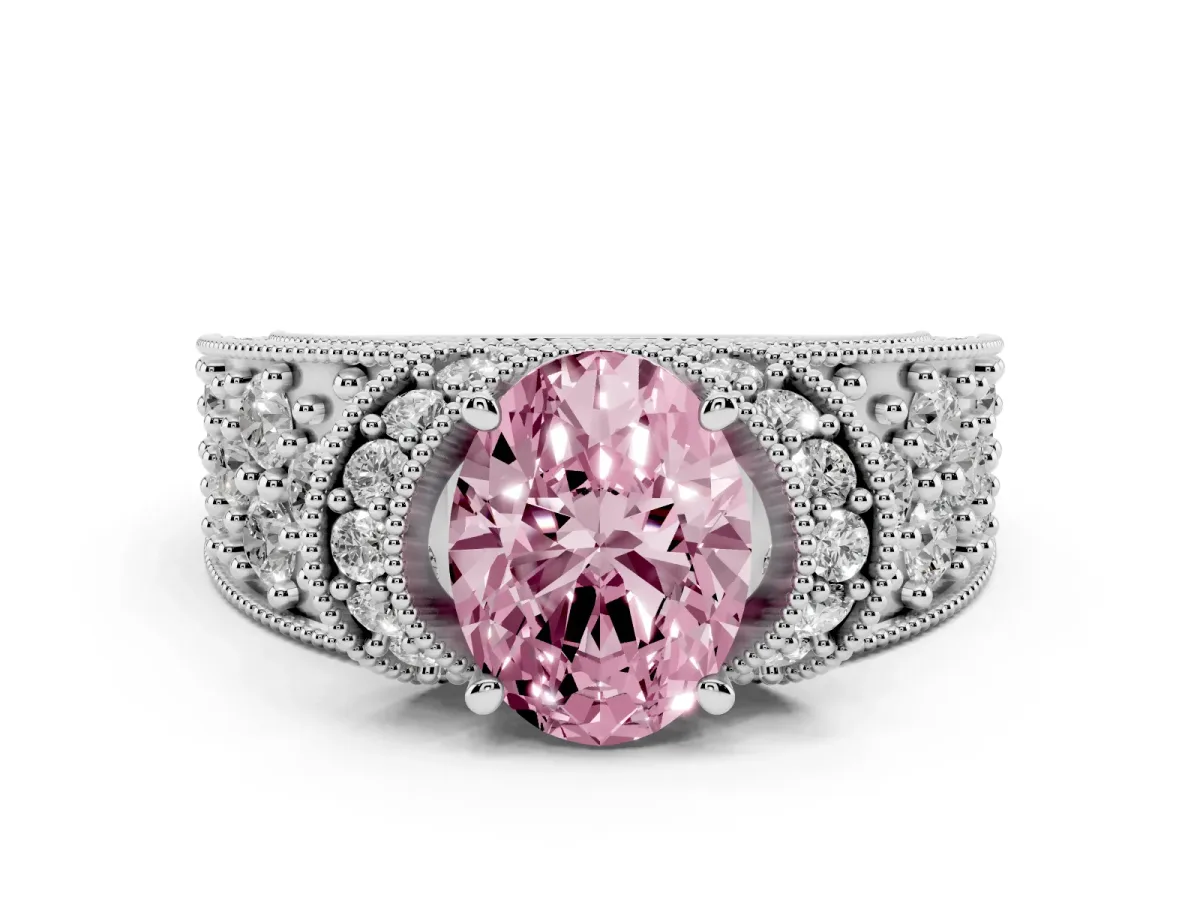 Fancy Pink Oval Cut Halo Pave Diamond Engagement Ring with Milgrain Detailing Silver