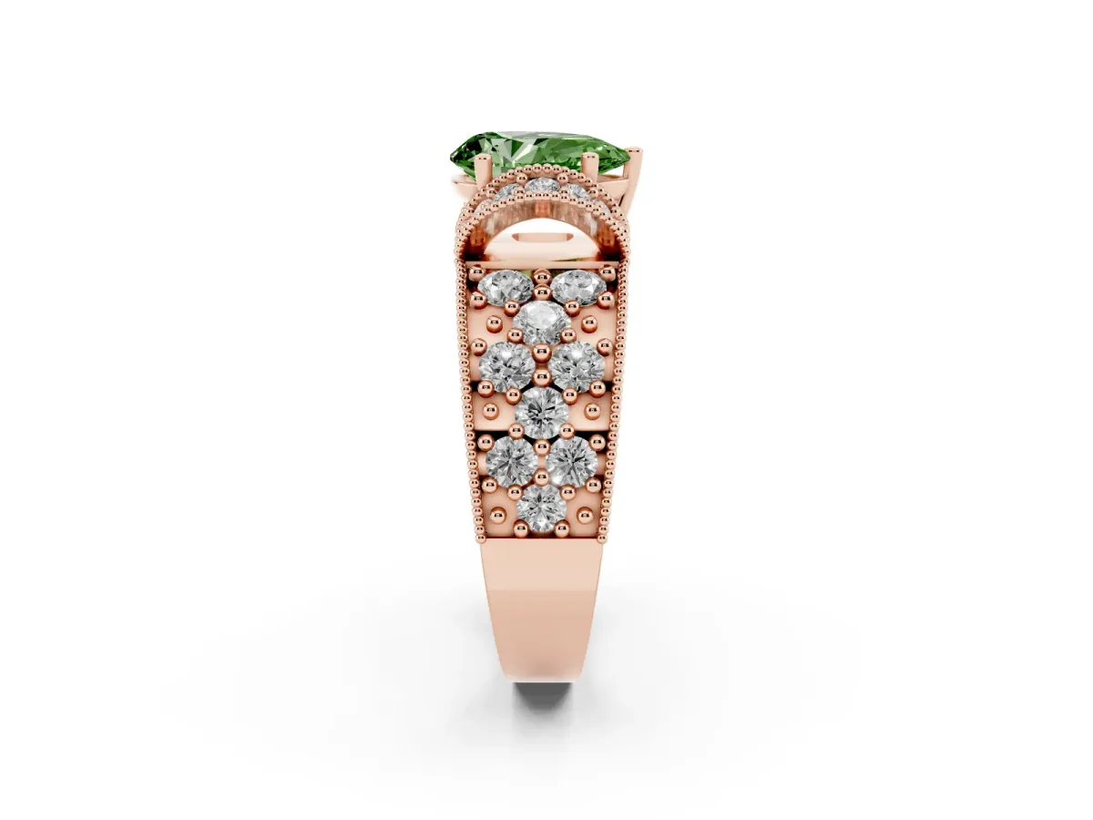 Fancy Green Pear Cut Halo Pave Diamond Engagement Ring with Milgrain Detailing Rose gold