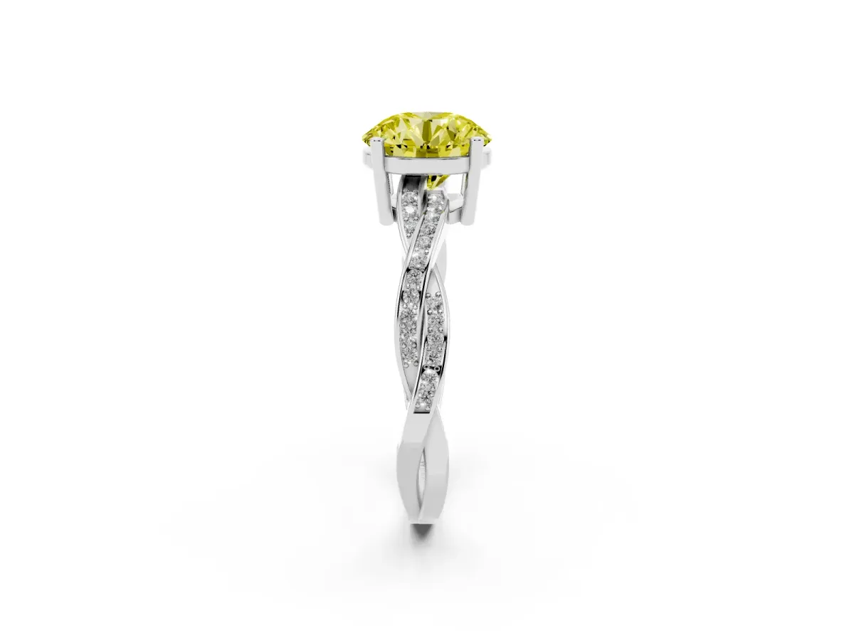 Fancy Yellow Round Cut Solitaire Twisted Pave Diamond Ring with Four-Prong Setting White gold
