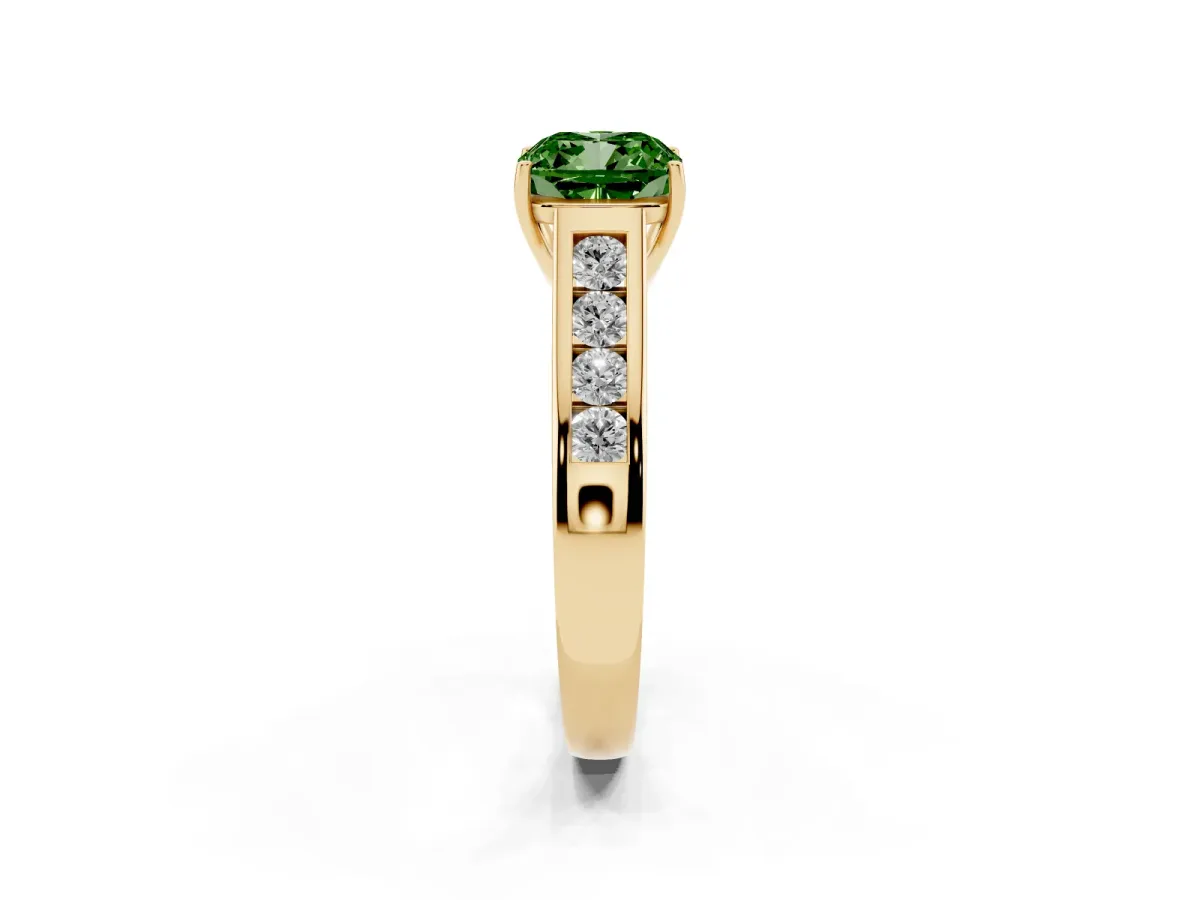 Fancy Green Cushion Cut Solitaire Channel-Set Diamond Engagement Ring with Four-Prong Setting Yellow gold