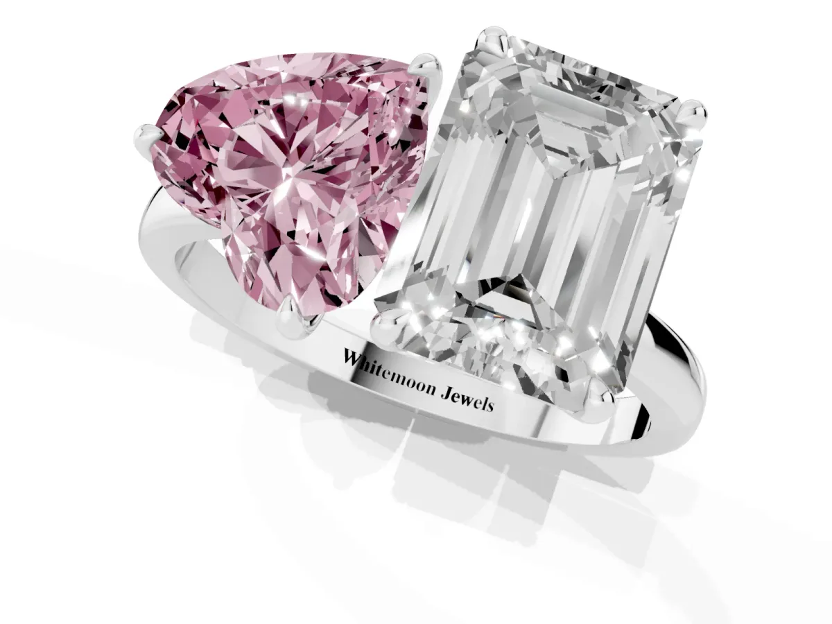 Fancy Pink Heart Cut and Emerald Cut Toi Moi Ring with Prong Setting Silver