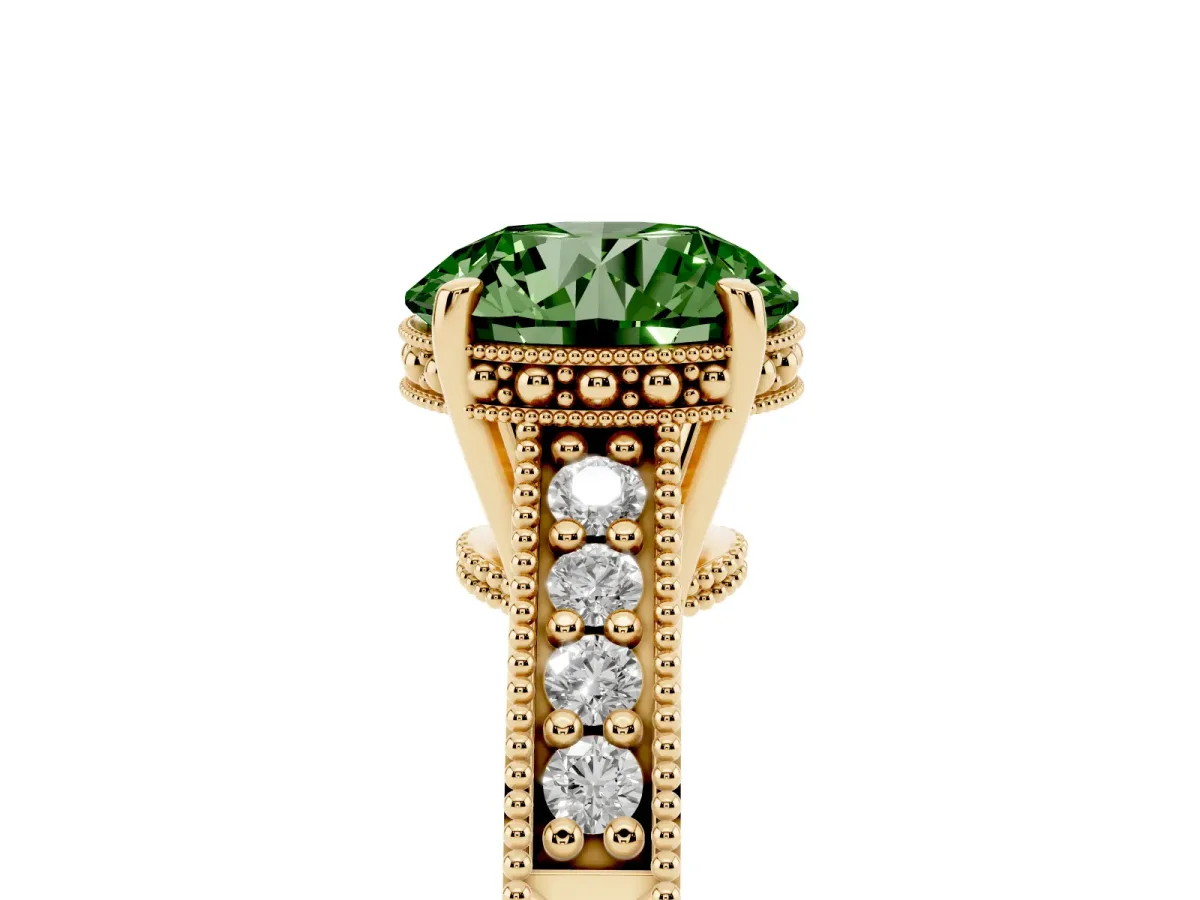Fancy Green Round Cut Solitaire Pavé Diamond Milgrain Engagement Ring with Four-Prong Setting Yellow gold
