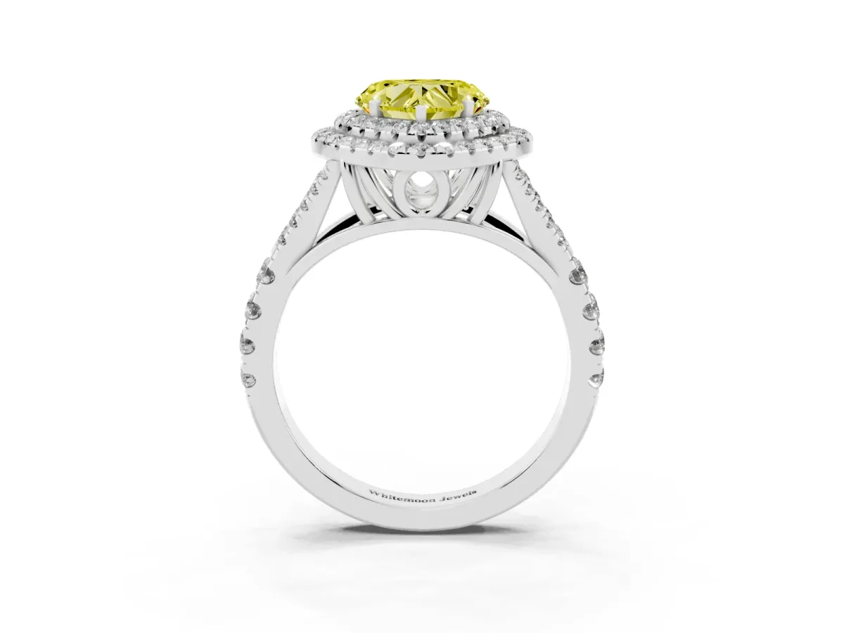 Fancy Yellow Double Halo Heart Cut Diamond Split Shank Engagement Ring with Four-Prong Setting Silver