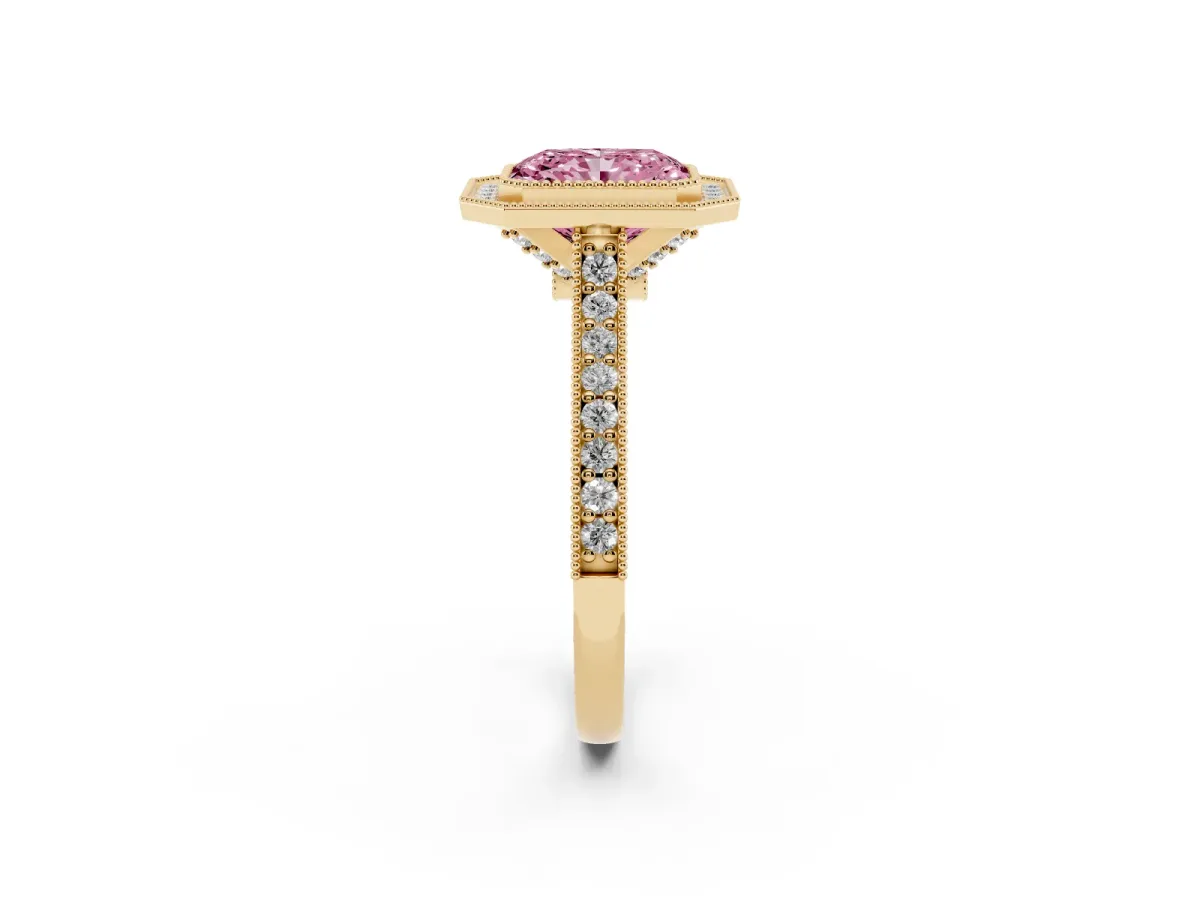 Fancy Pink Halo Radiant Cut-Cut Diamond Pave Band Milgrain Prong Setting Ring Yellow gold