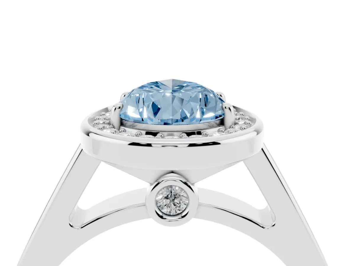 Fancy Blue Pear Cut Halo Solitaire Diamond Ring with Pave Band and Bezel Setting Silver