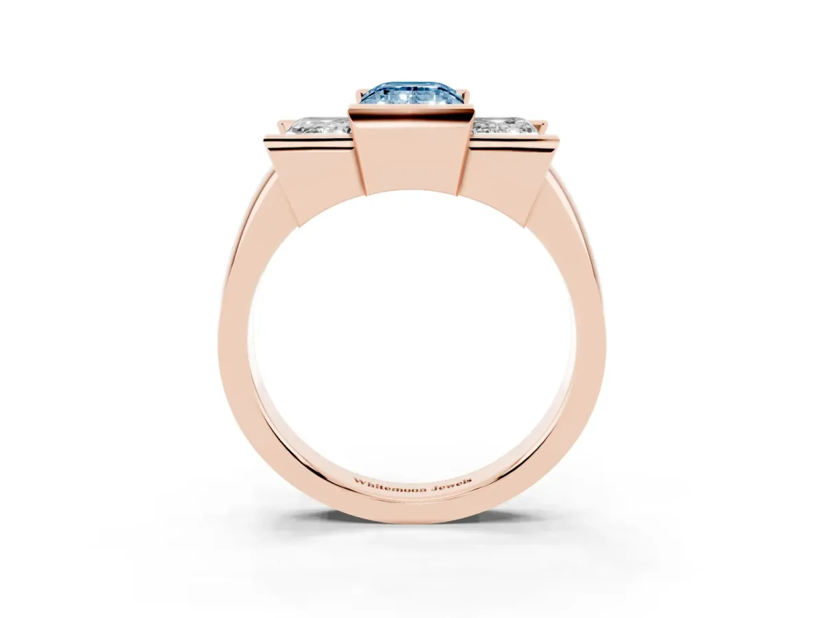 Fancy Blue Three Stone Emerald Cut Cut Channel Set Diamond Ring Rose gold
