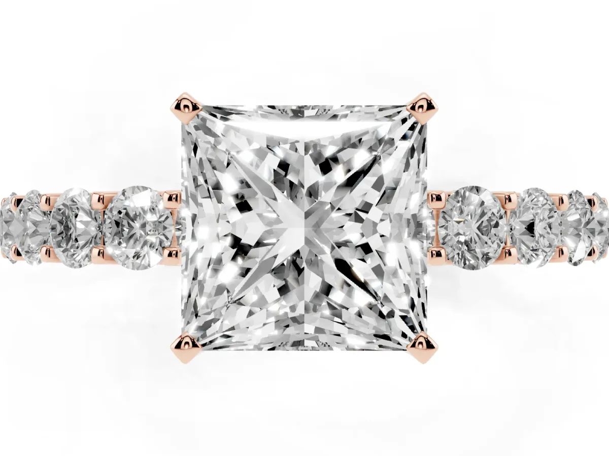 Princess Cut Diamond Solitaire Ring with Shared Prong Pavé Band and Four-Prong Setting Rose gold