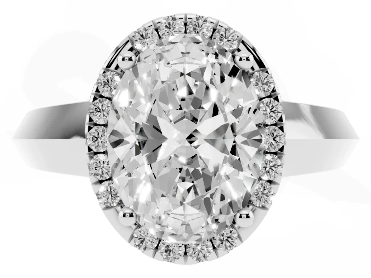 Oval Cut Halo Diamond Ring with Cathedral Band and Four-Prong Setting Silver