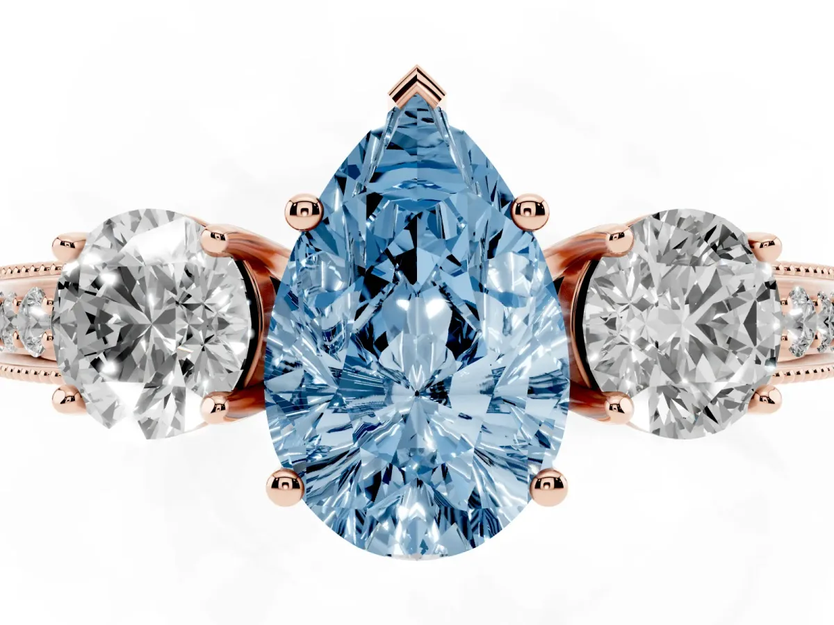 Fancy Blue Pear Cut Three-Stone Diamond Ring with Pavé Band and Four-Prong Setting Rose gold