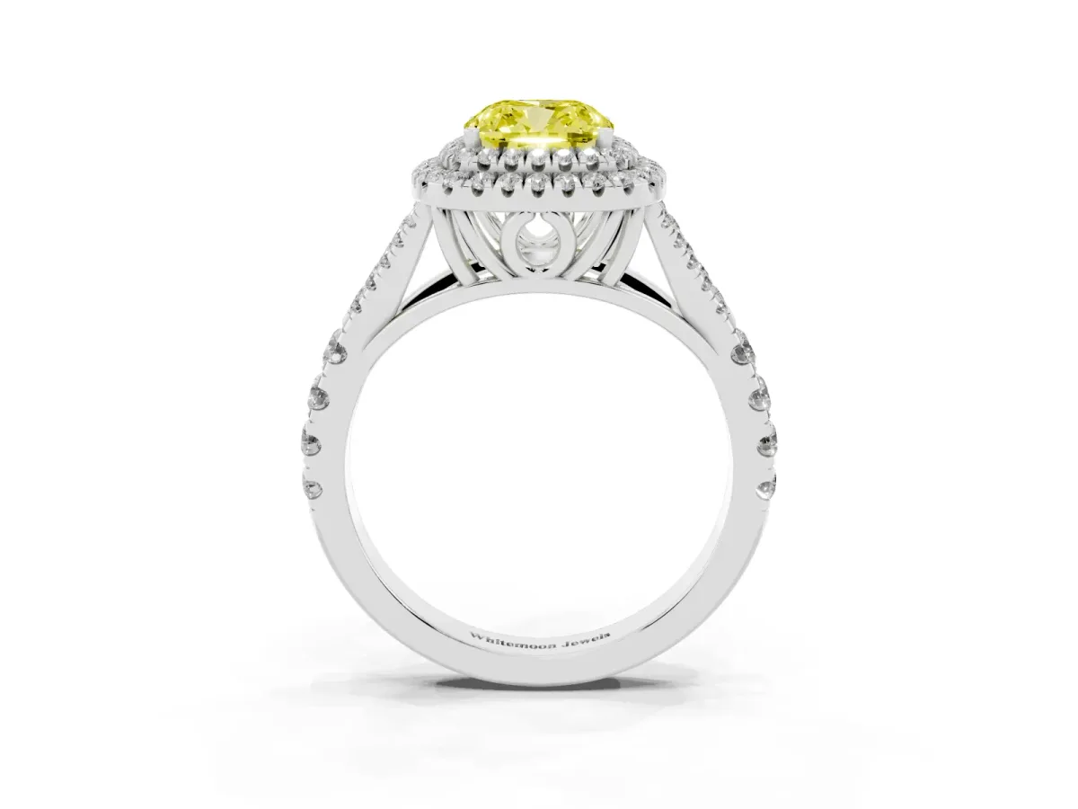 Fancy Yellow Cushion Cut Diamond Pavé Split Shank Double Halo Engagement Ring Silver