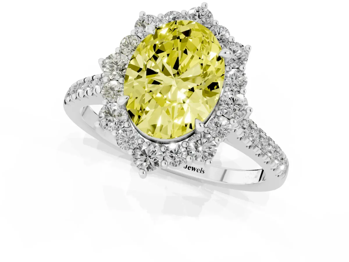 Fancy Yellow Oval Cut Halo Diamond Ring with Pavé Band and Prong Setting Silver
