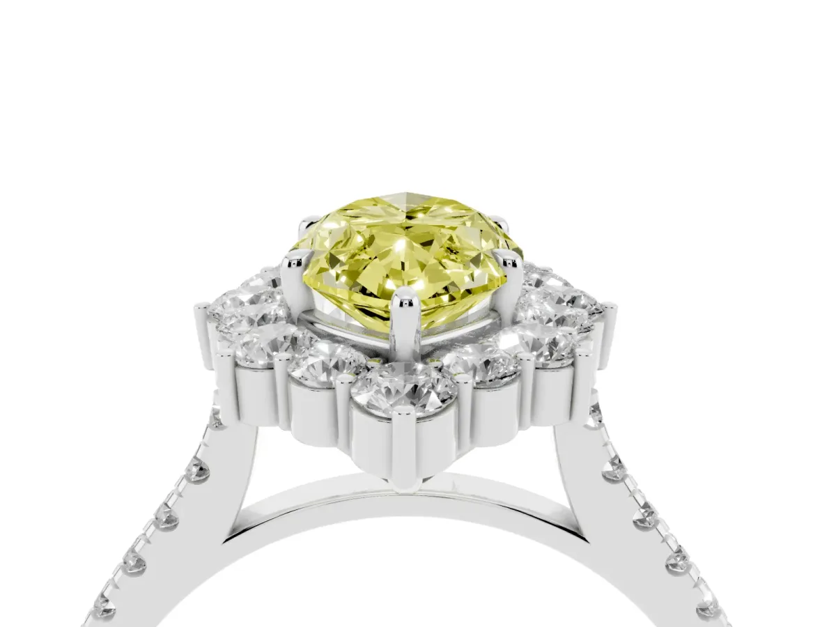 Fancy Yellow Marquise Cut Halo Diamond Ring with Pavé Band and Prong Setting White gold