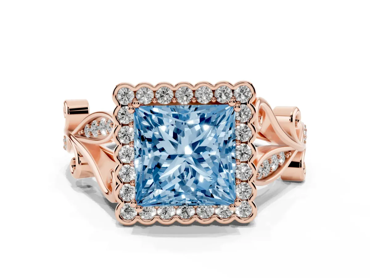 Fancy Blue Princess Cut Diamond Halo Ring with Vintage Split Shank and Four-Prong Setting Rose gold