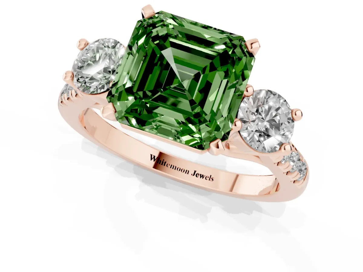 Fancy Green Three-Stone Asscher Cut Diamond Pavé Band with Four-Prong Setting Rose gold