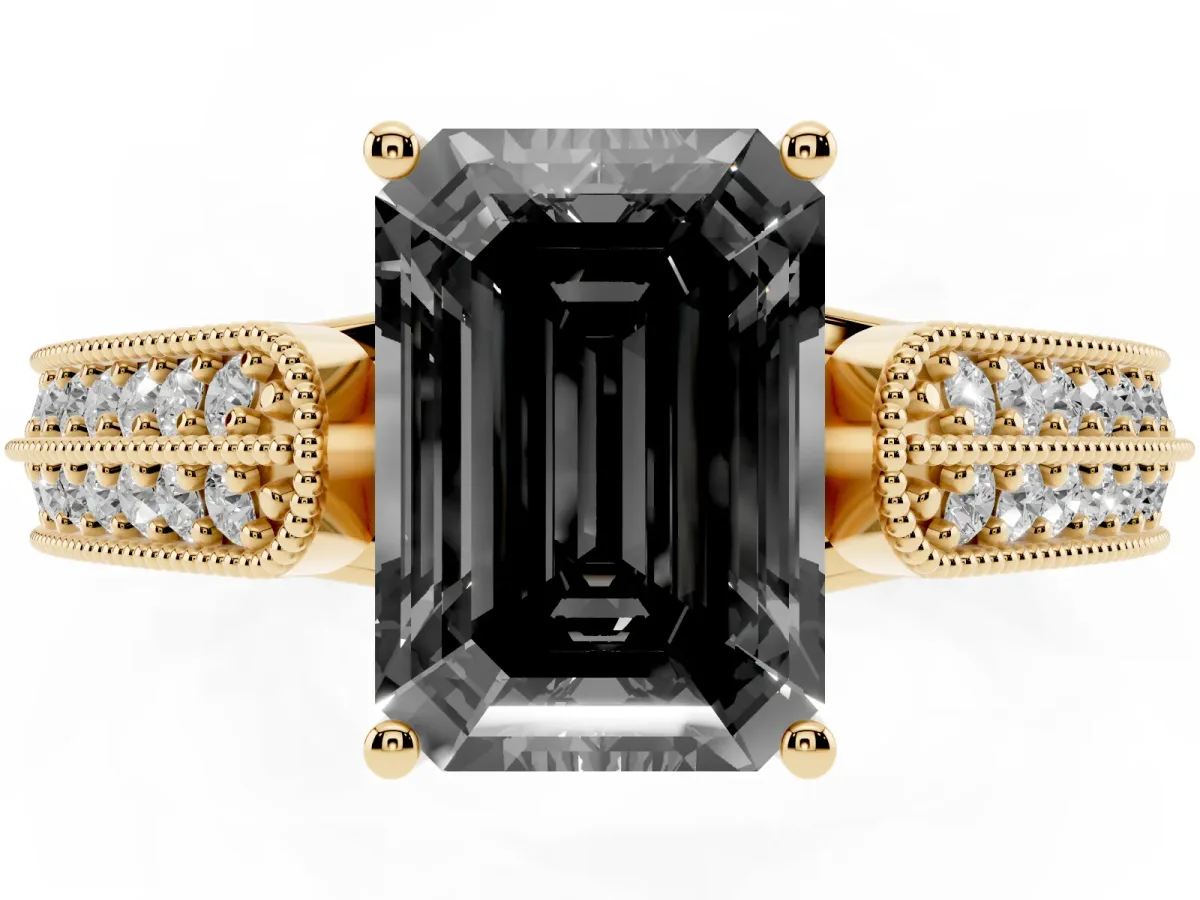Fancy Black Emerald Cut Cut Pave Split Shank Engagement Ring with Four-Prong Setting Yellow gold