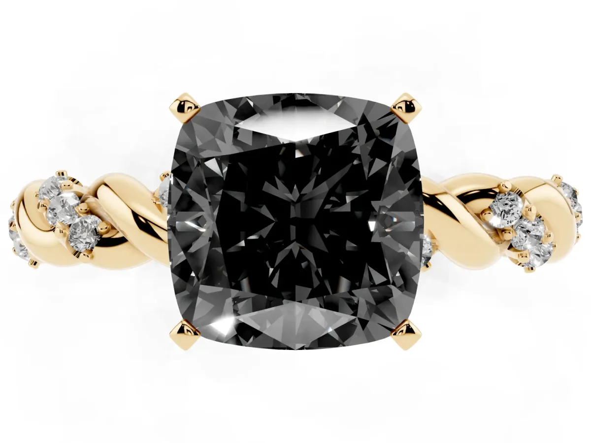 Fancy Black Cushion Cut Diamond Solitaire Ring with Twisted Band and Pavé Accents Yellow gold