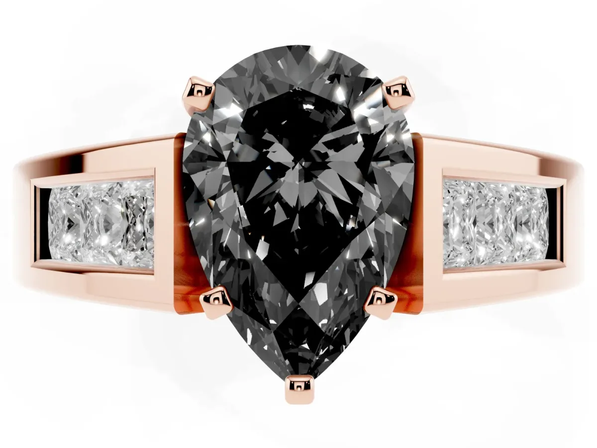 Fancy Black Pear Cut Cut Channel Set Solitaire Ring with Four-Prong Setting Rose gold