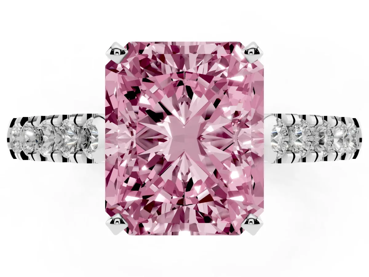 Fancy Pink Radiant Cut Diamond Pavé Band Solitaire Ring with Prong Setting Silver