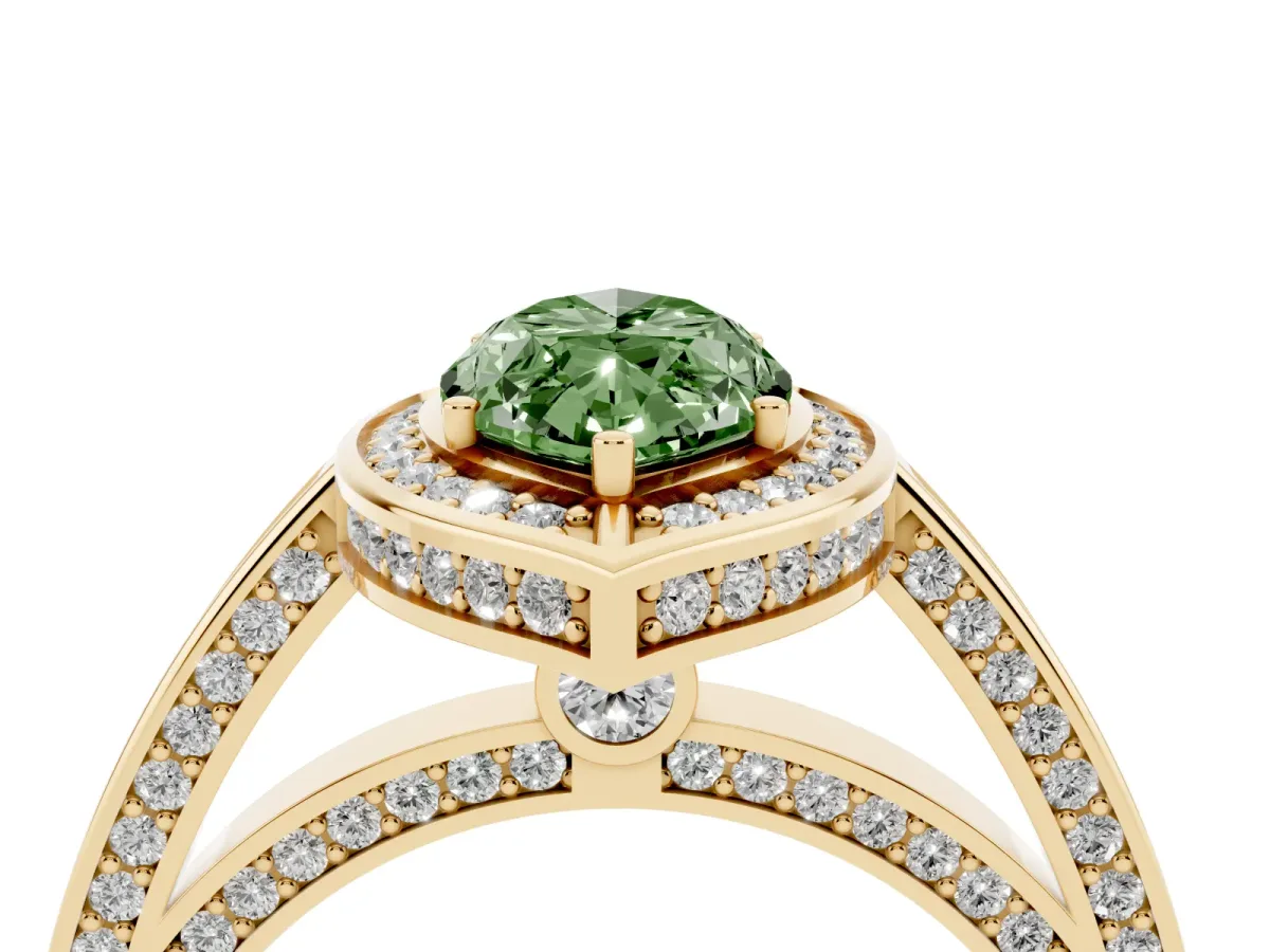 Fancy Green Marquise Cut Cut Halo Pave Split Shank Prong Setting Ring Yellow gold