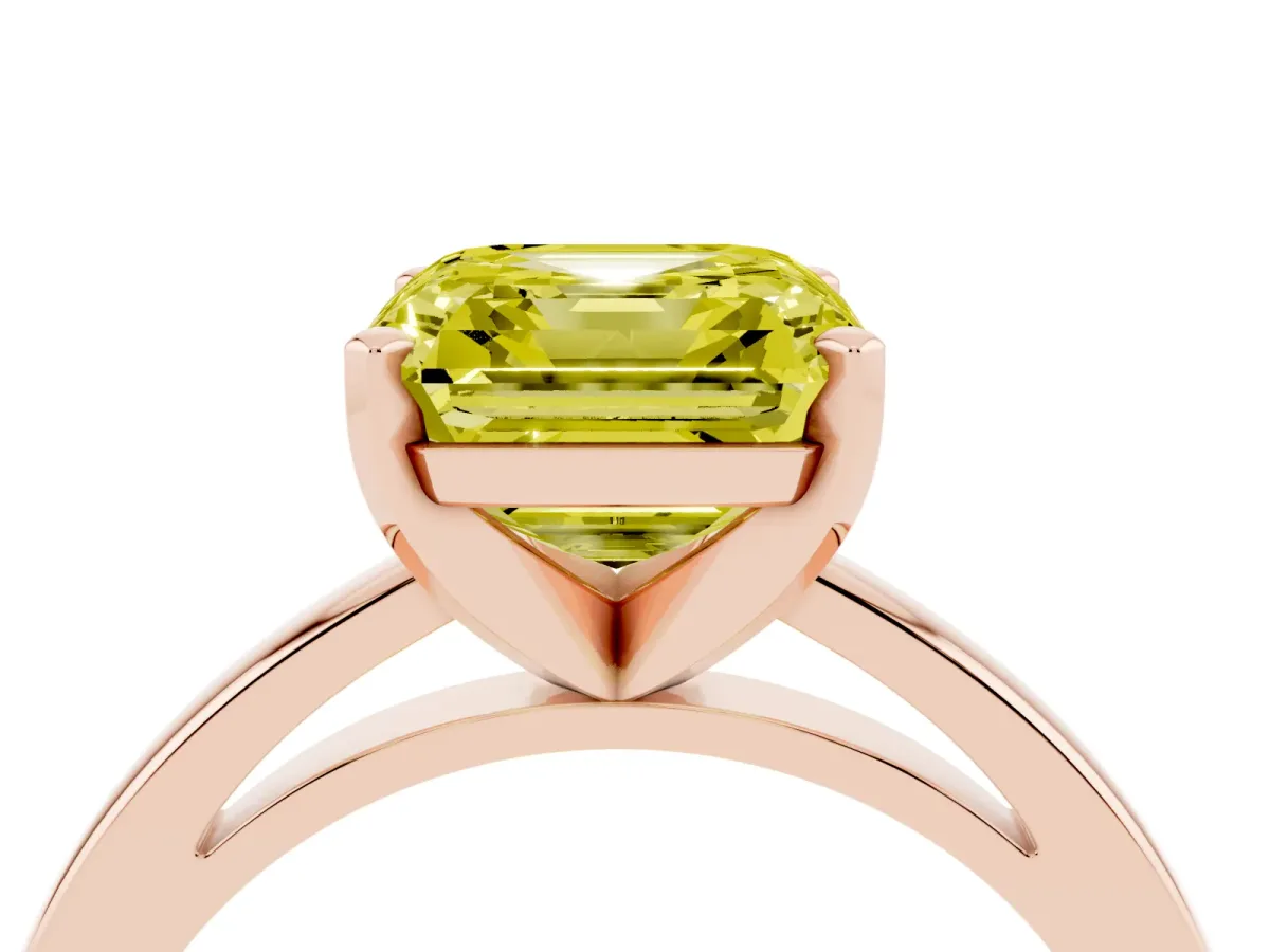 Fancy Yellow Asscher Cut Solitaire Diamond Engagement Ring with Four-Prong Setting on a Classic Band Rose gold