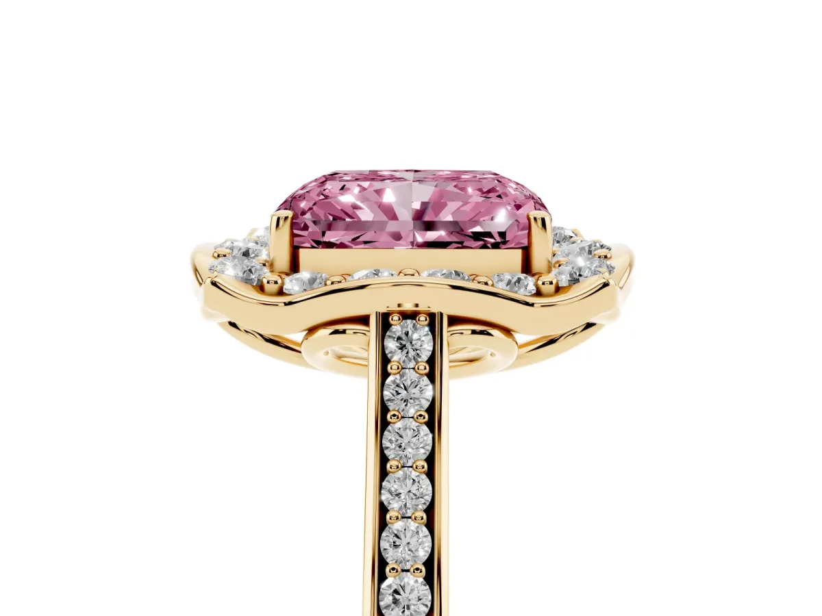 Fancy Pink Radiant Cut Halo Round Diamond Pave Band with Four-Prong Setting Yellow gold