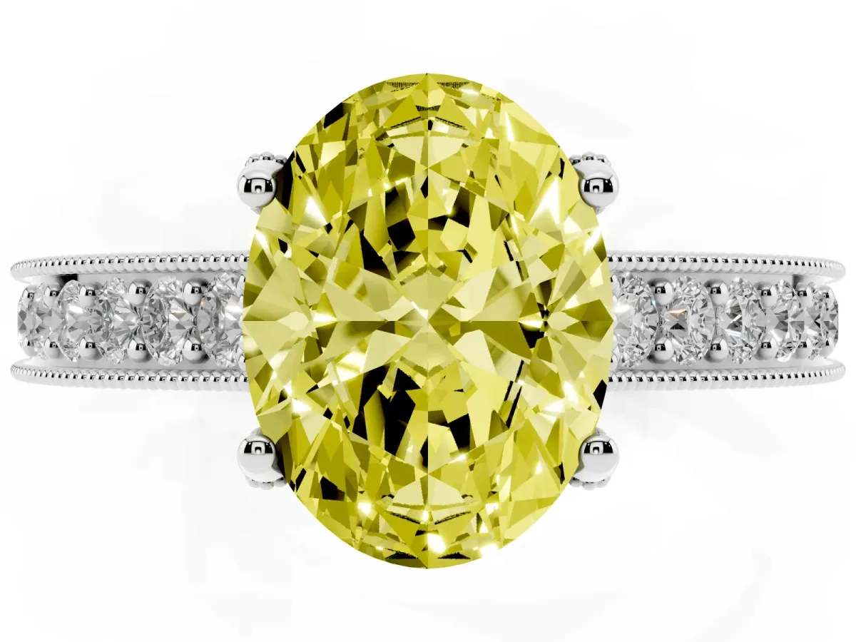 Fancy Yellow Oval Cut Cut Diamond Solitaire Ring with Milgrain Pave Band and Four Prong Setting Silver