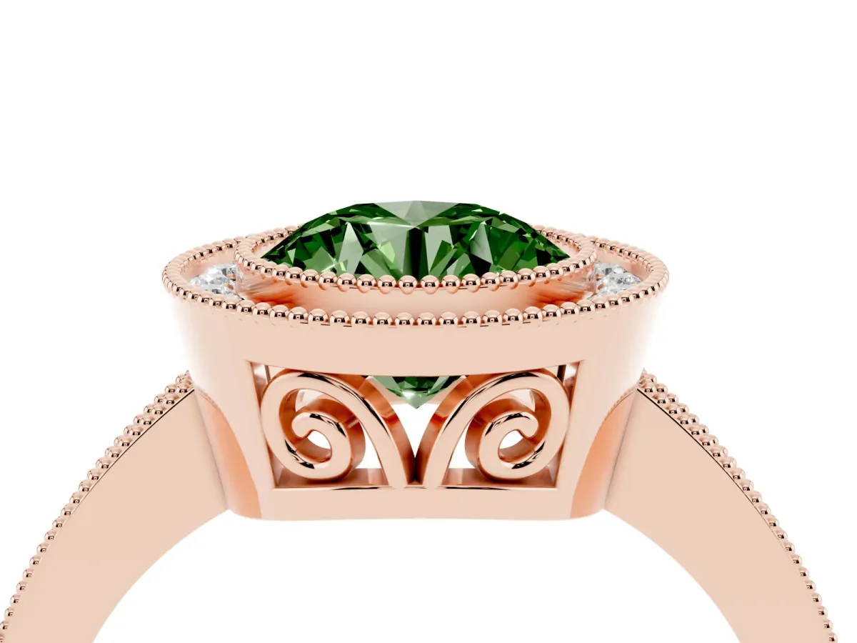 Fancy Green Round Cut Cut Halo Diamond Ring with Pavé Band and Milgrain Prong Setting Rose gold