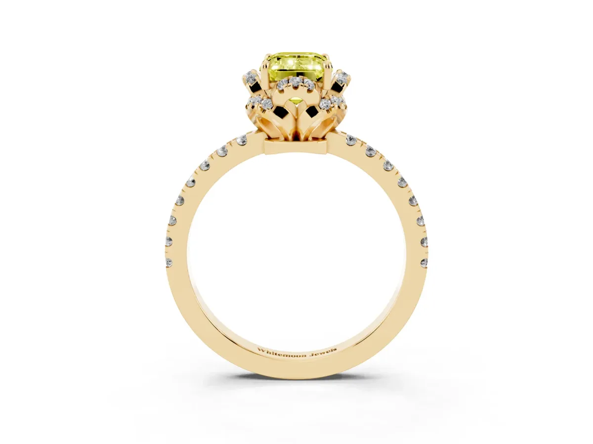 Fancy Yellow Emerald Cut Halo Diamond Pave Band Ring with Four-Prong Setting Yellow gold