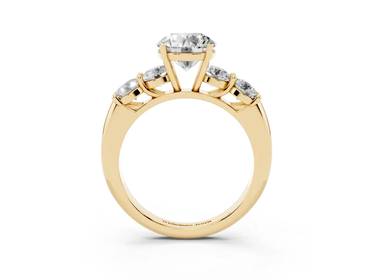 Round Cut Cut Five-Stone Prong Set Diamond Ring with Classic Band Yellow gold