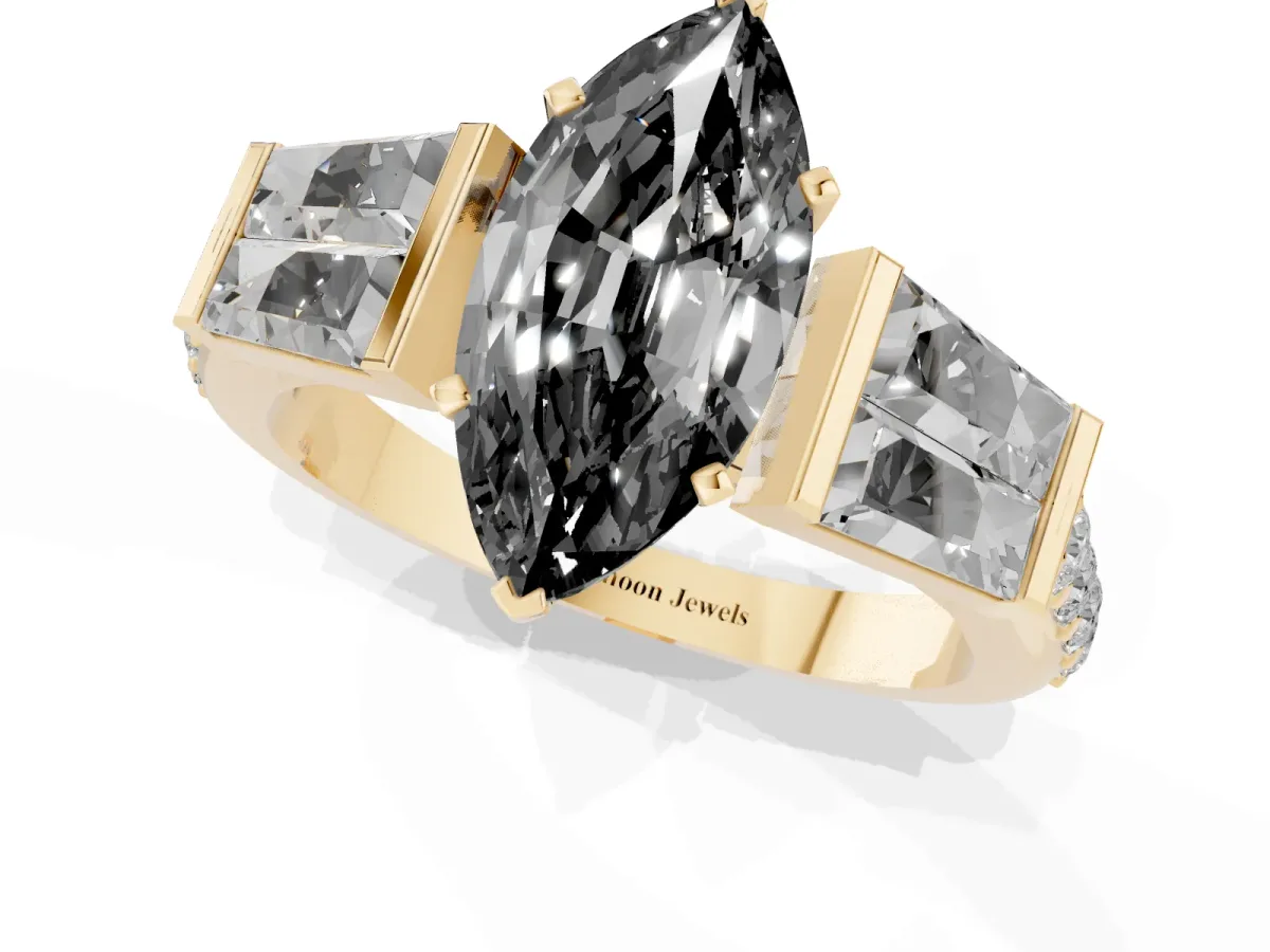 Fancy Black Marquise Cut Diamond Engagement Ring with Baguette Side Stones and Channel Set Band Yellow gold