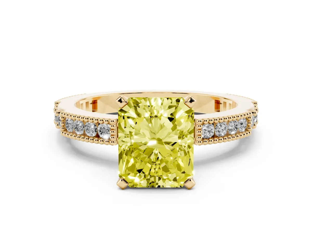 Fancy Yellow Radiant Cut Solitaire with Pavé Band and Four-Prong Setting Yellow gold
