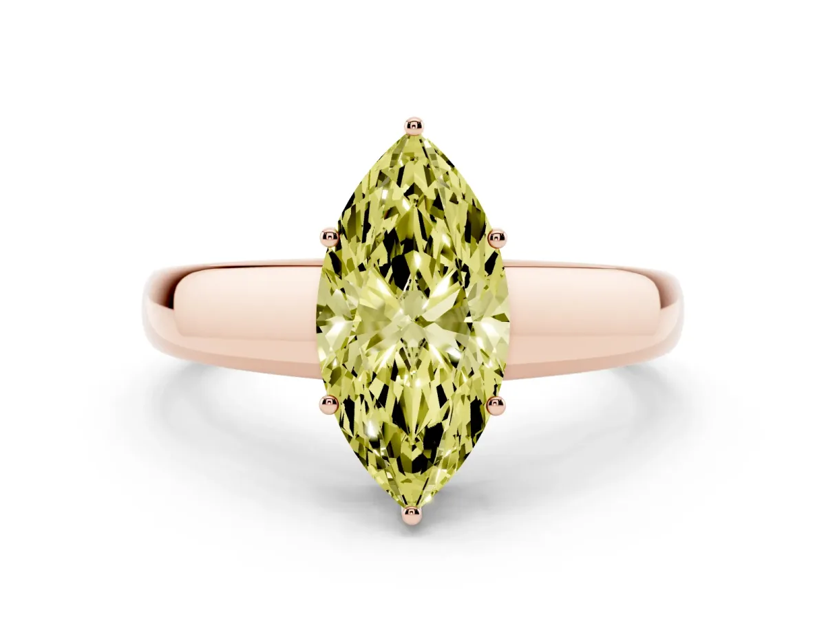 Fancy Yellow Marquise Cut Solitaire Diamond Ring with Tapered Band and Four-Prong Setting Rose gold