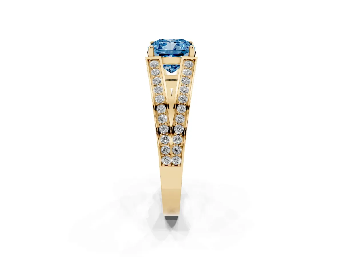 Fancy Blue Cushion Cut Diamond Split Shank Ring with Pavé Band and Four-Prong Setting Yellow gold