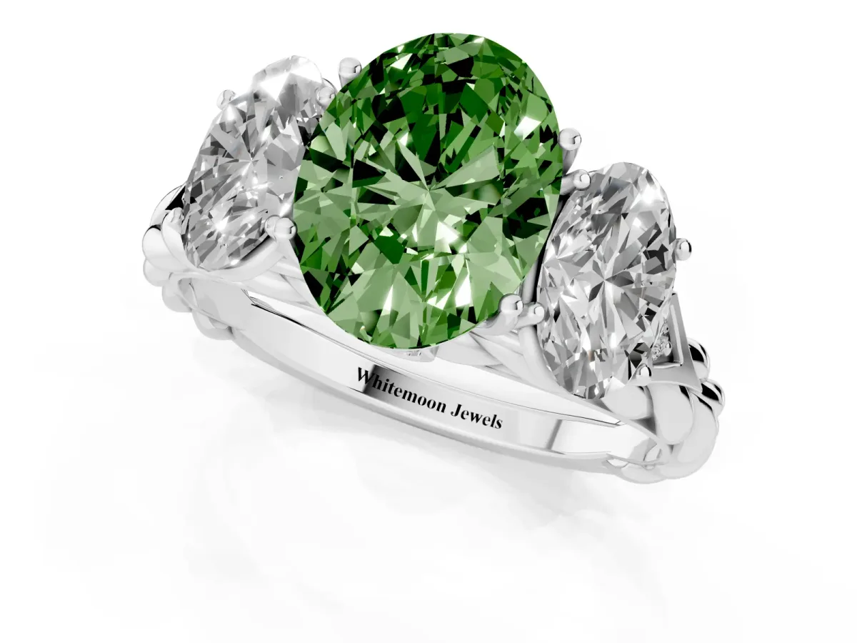Fancy Green Three-Stone Oval Cut Diamond Braided Band Ring with Four-Prong Setting Silver
