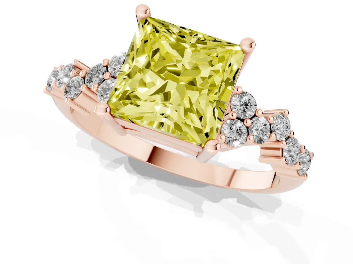 Fancy Yellow Princess Cut Diamond Scattered Round Accent Ring with Prong Setting Rose gold