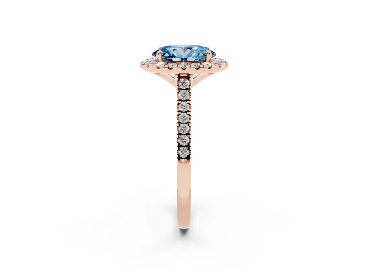 Fancy Blue Oval Cut Diamond Cushion Halo Ring with Pavé Band Rose gold
