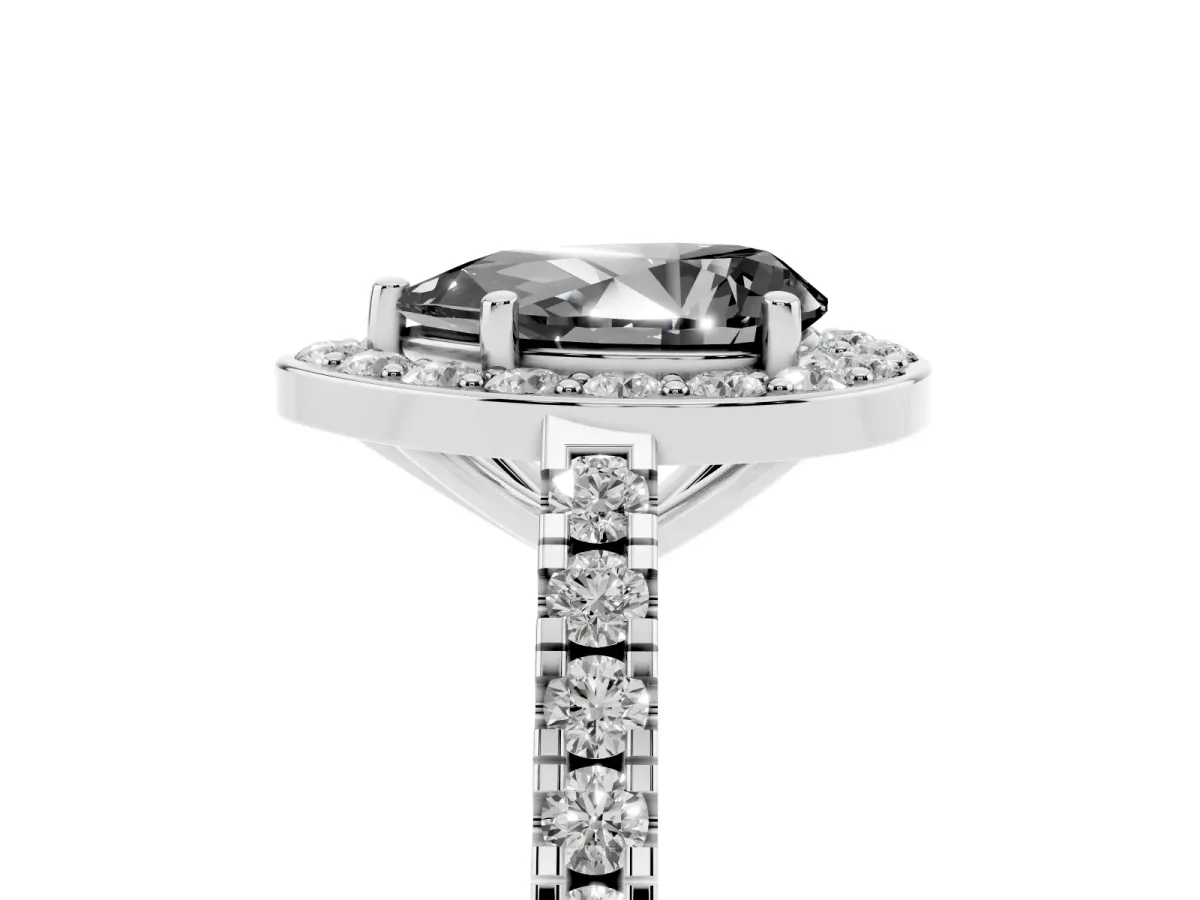 Fancy Black Pear Cut Diamond Halo Ring with Round Pavé Split Shank and Prong Setting Platinum