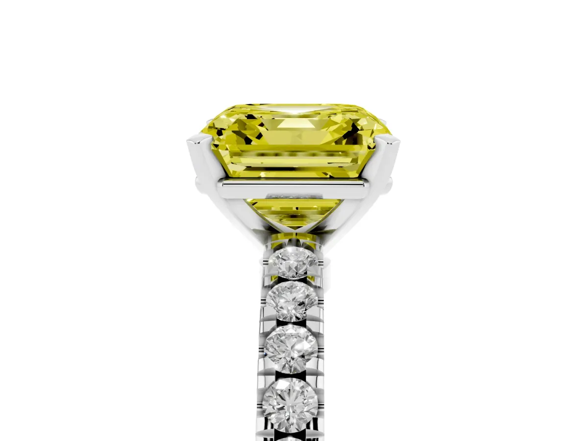 Fancy Yellow Asscher Cut Solitaire Diamond with Pavé Band and Four-Prong Setting Platinum