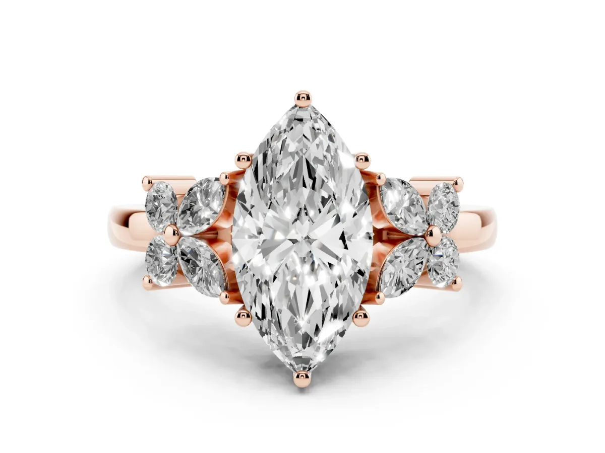 Marquise Cut Diamond Floral Cluster Ring with Solitaire Band and Prong Setting Rose gold
