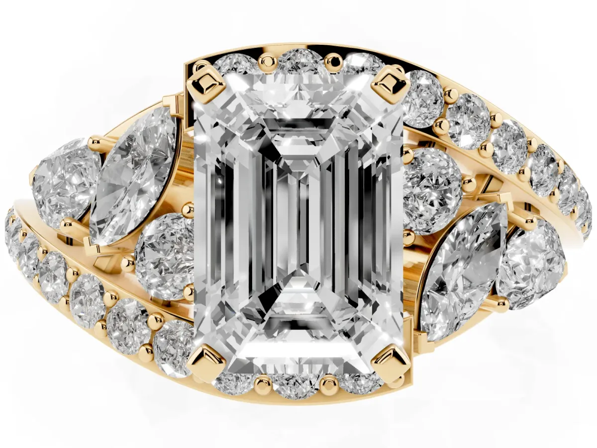 Emerald Cut Diamond Halo Ring with Marquise and Pavé Band in Prong Setting Yellow gold