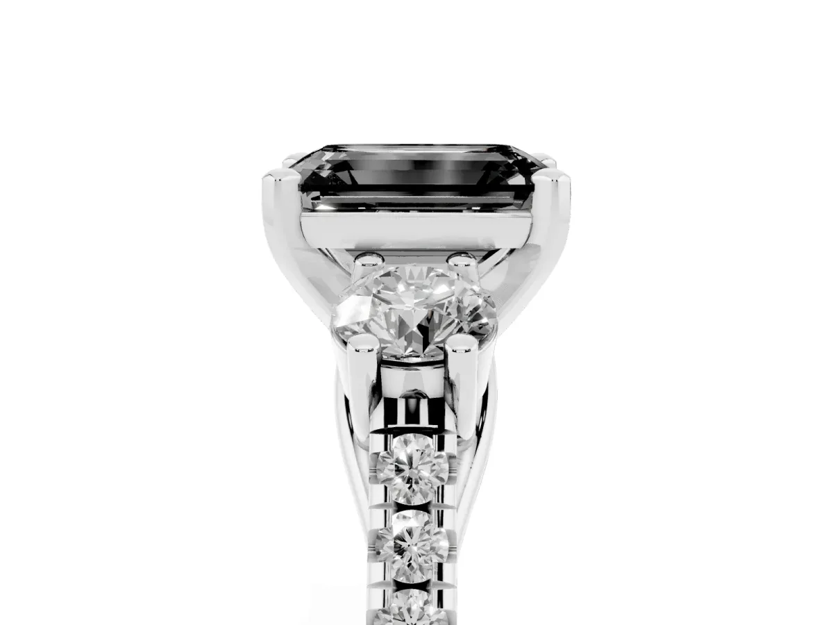 Fancy Black Three-Stone Emerald Cut Diamond Pavé Band with Four-Prong Setting Silver
