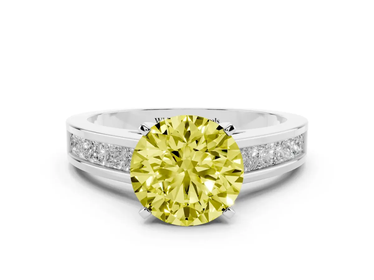 Fancy Yellow Round Cut Solitaire Diamond Ring with Channel-Set Band and Four-Prong Setting Silver