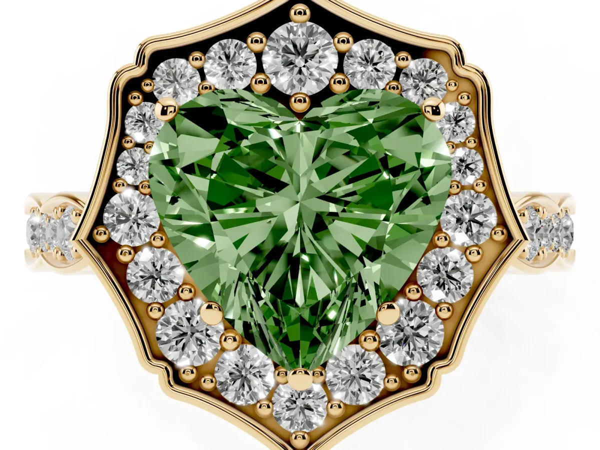 Fancy Green Heart Cut Halo Diamond Engagement Ring with Milgrain Band and Four-Prong Setting Yellow gold