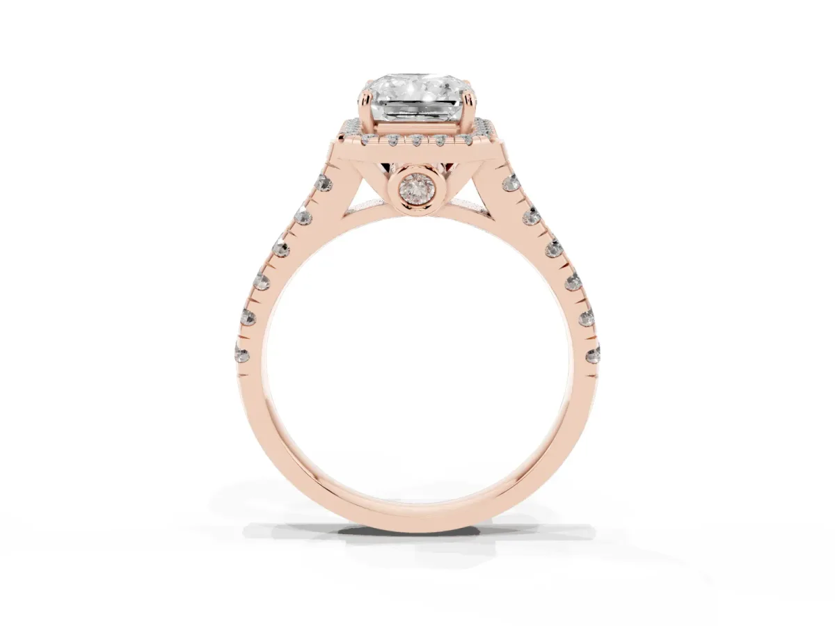 Radiant Cut Halo Pavé Diamond Engagement Ring with Four-Prong Setting Rose gold