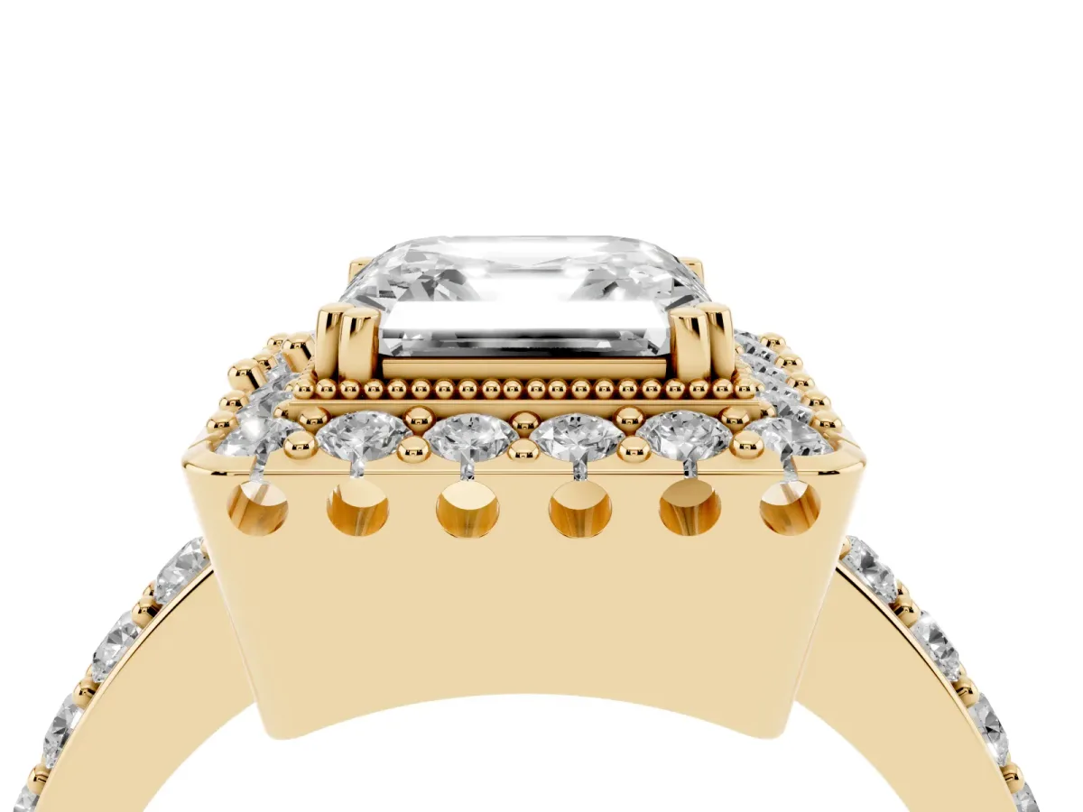 Asscher Cut Diamond Halo Ring with Pavé Band and Prong Setting Yellow gold