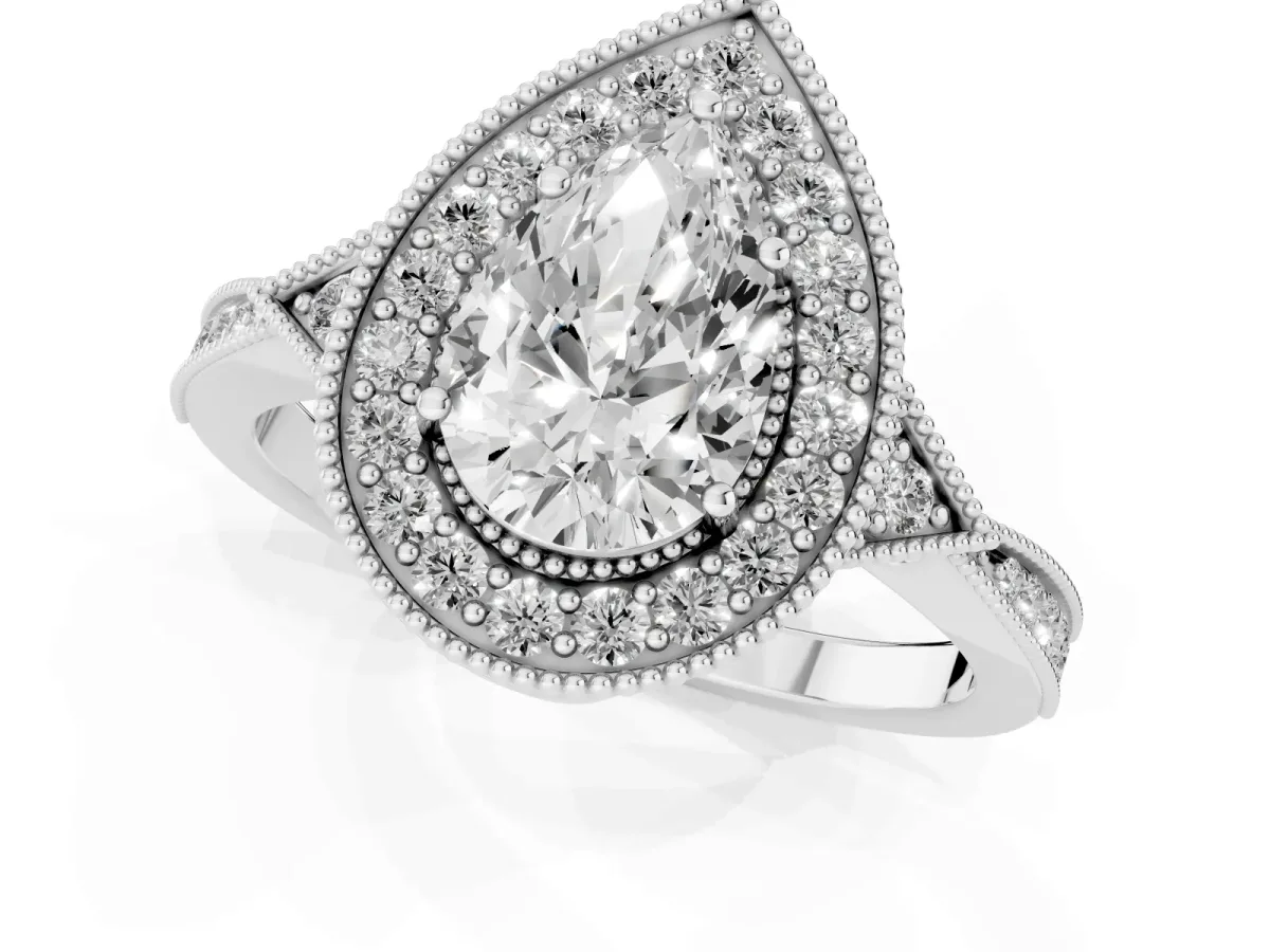 Pear Cut Halo Round Diamond Milgrain Pave Engagement Ring Silver